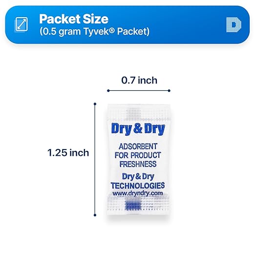 Dry & Dry 0.5 Gram[100 Packets] Food & Pharmaceutical Safe Silica Gel Packs Desiccants - Rechargeable Tyvek® Silica Gel Packets, Moisture Absorbers, Desiccants Packets, Silica Gel