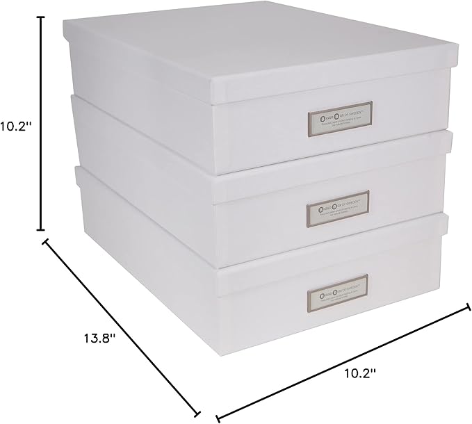 Bigso Oskar Fiberboard Label Frame Document Letter Box - File Organizer Box for Important Paperwork - Document Storage with a Lid & Metal Label Window - 3.3 in x 10.2 in x 13.8 in - 3 Pack - White