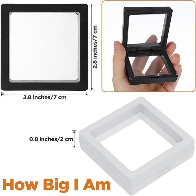 60 Pcs 3D Floating Display Case 2.8 x 2.8 x 0.8 Inch Coin Frame Display Holder Stands for Antique Challenge Coins, Jewelry, Shells, Gems, Minerals, Rocks, Specimen, Pins(Black,White)