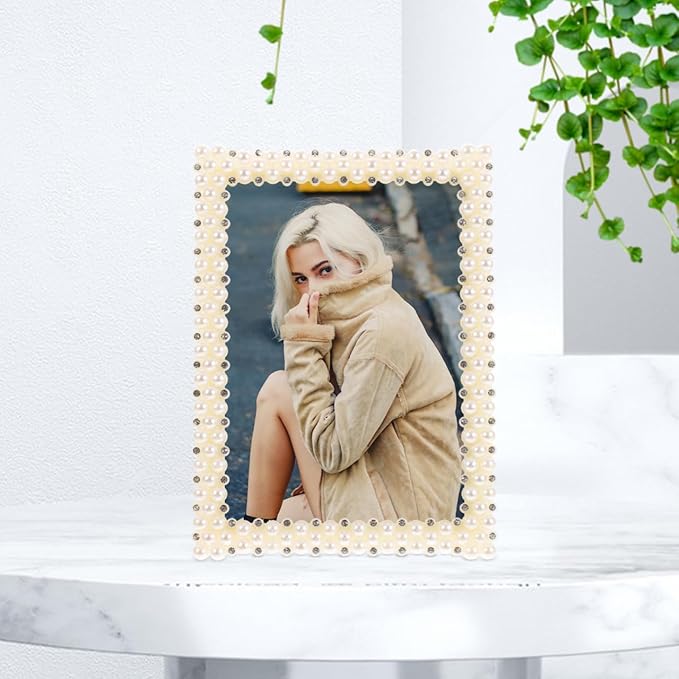 NOLITOY 5x7 Vintage Pearl Picture Frame, Ornate White Resin Desktop Photo Display with Stand, Antique Aesthetic Decorative Frame for Wedding, Anniversary & Home Tabletop Decor