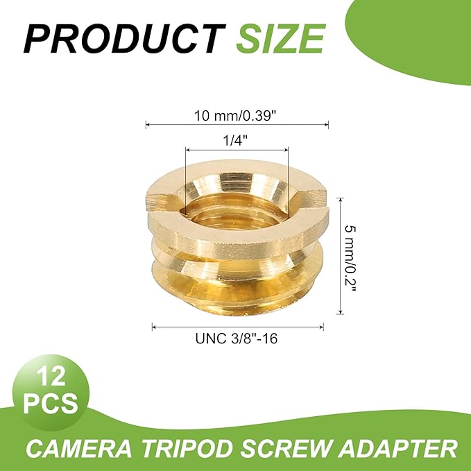 PATIKIL 1/4" Female to 3/8" Male Convert Screws Adapters, 12 Pcs Tripod Thread Adapter Mount for Camera Monopod Video DSLR SLR Mic Stand, Gold