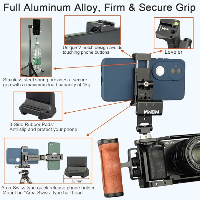 Aluminum Phone Tripod Mount Adapter with Cold Shoe and 1/4” Threaded Holes, 360° Rotation 230° Tilt Camera Phone Holder Mount for iphone Camera Monitoring Gimbals Stabilizers Tripods Phone Holder