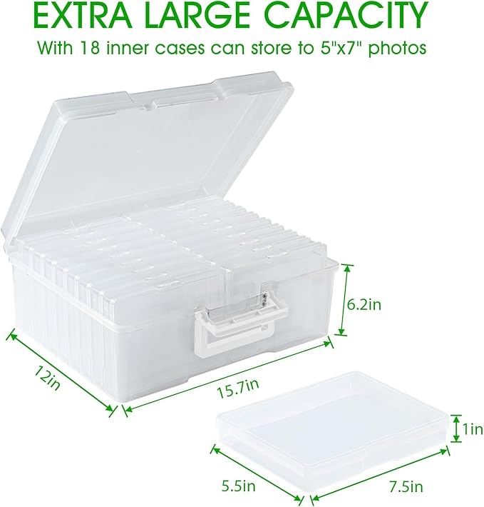 FAAYUCK Photo Storage Box 5 x 7 Inches, 18 Inner Extra Large Photo Boxes with Dividers, Clear Acid-Free Photo Storage Containers with Handle, Photo Organizer Craft Keeper for Photo, Craft, Stamp etc