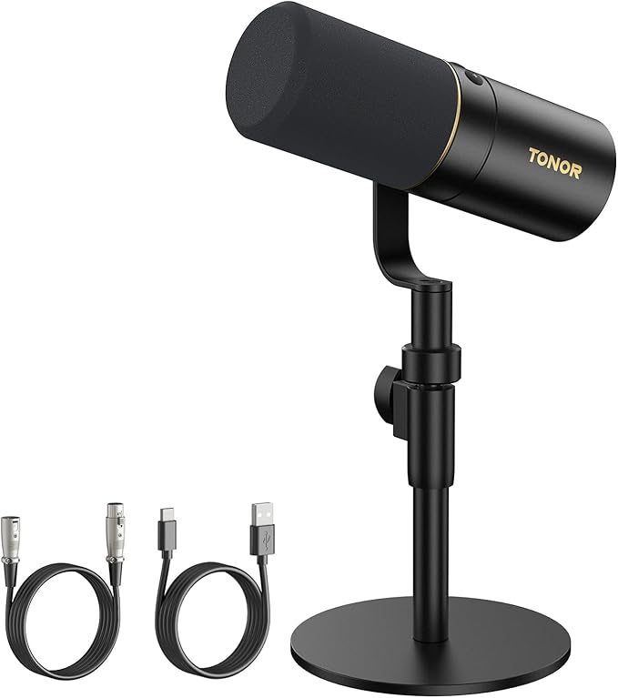TONOR Dynamic Podcast Microphone, XLR/USB Mic for Recording, Streaming, XLR Cardioid Studio Mic with Quick Mute, 3.5mm Jack, Volume Control, 200 cm/78inch Cable, with Desktop Stand, Black, TD510