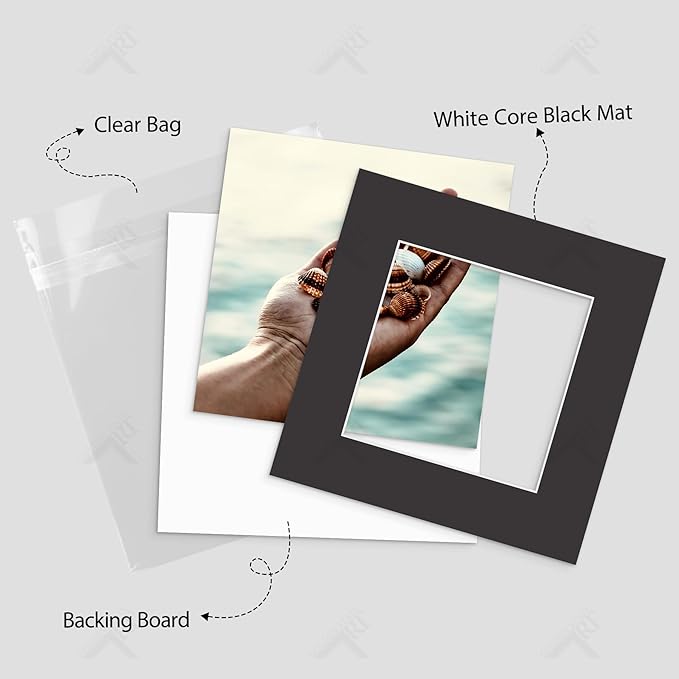 Golden State Art, Acid Free, Pack of 5, 12x12 Black Picture Mats Mattes with White Core Bevel Cut for 8x8 Photo + Backing + Bags