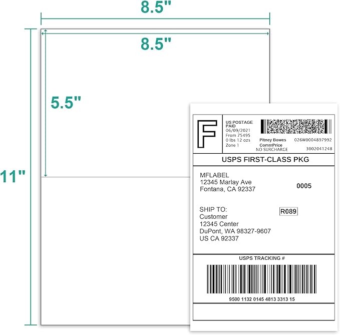 MFLABEL Half Sheet Shipping Labels - 500 Self Adhesive Sticker Sheets for Laser & Inkjet Printers, Waterproof & Smudge-Free, with 12 Free Fragile Labels for Packaging, Shipping and Crafting