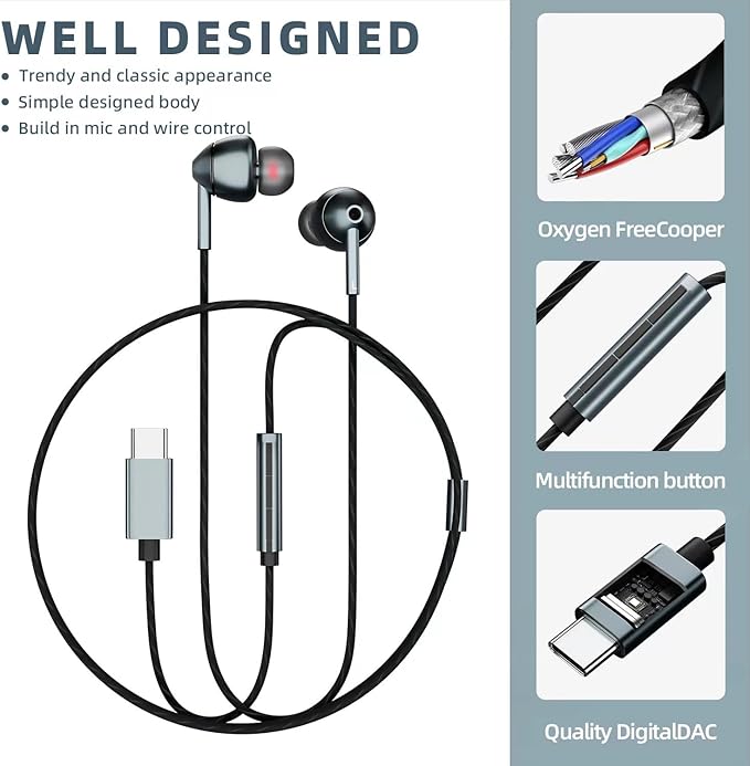 USB-C Wired Earbuds with Microphone, Volume Control, Noise Canceling, Compatible with Samsung Galaxy S24 S23 S22, iPhone 17 16 15 Pro Pro max, Pixel Phones