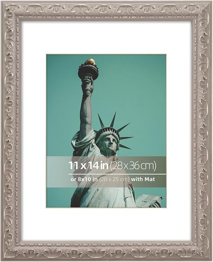 11x14 Embossed Scrollwork Distressed Wood Vintage Antique Retro Picture Frame, Display 8x10 Photos, Art Prints with Mat, Glass Cover, Weathered Grey
