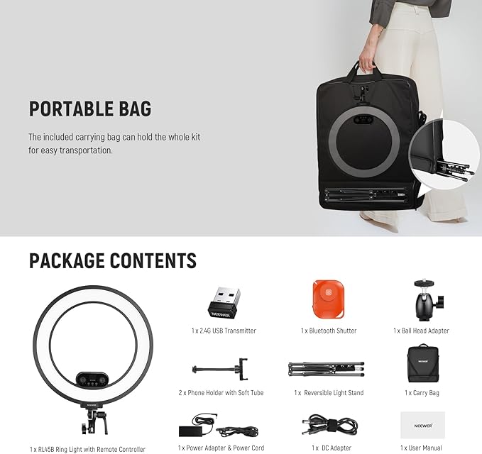 NEEWER 18 Inch Edge Lit Ring Light with Tripod Stand Phone Holder Compatible with iPhone for Video Recording Selfie Makeup Studio Streaming, 45W 2900-7000K APP 2.4G Control Ringlight Lighting, RL45B