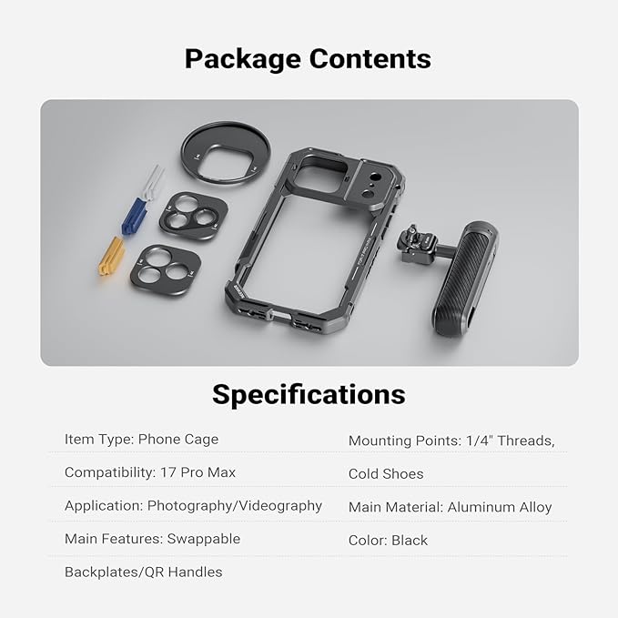 NEEWER Phone Cage Kit Compatible with iPhone 17 Pro Max Only, Video Rig Stabilizer Accessories with 67mm Filter Ring, 17mm & T Mount Lens Backplates, Quick Release Bluetooth Handle, PA144 (Black)