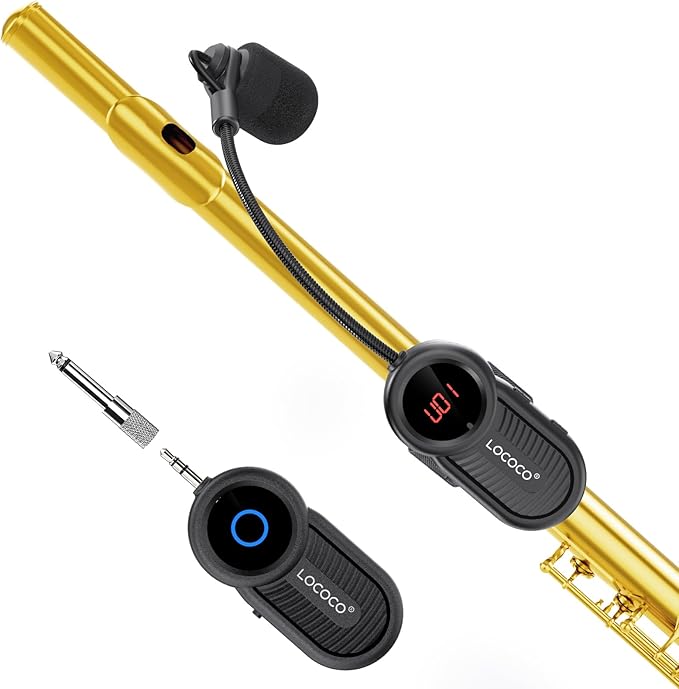 Lococo UHF Wireless Flute Microphone System: Wind Music Instruments Microphone Receiver and Transmitter, 160ft Range with Digital Screen, for Flute, Piccolo, Clarinet