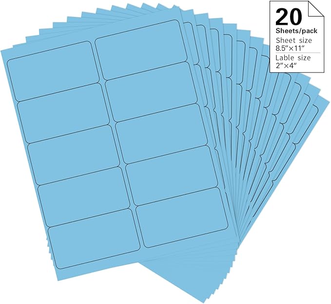 2" x 4" Colored Address Labels, 200 Bright Lake Blue Label Stickers- Laser/Ink Jet Printer Mailing Labels, 8.5"x11" 20 per Sheet