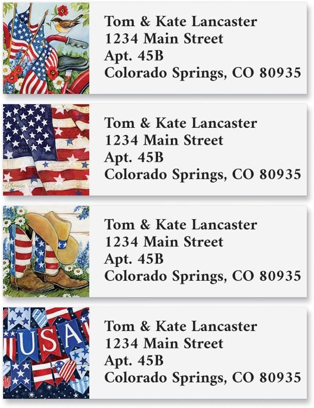 Colorful Images Old Glory Return Address Mailing Labels, Personalized in The USA with Names & Addresses, Set of 240 Self Adhesive, Easy Peel Flat Label Sheets, ⅝ x 2", 4 Designs