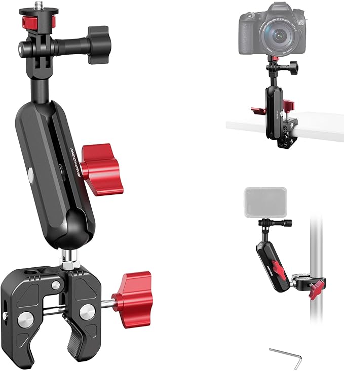 Camera Mount Super Clamp, Double Ballhead Magic Arm Clamp for GoPrO/Pocket 3 /lnsta360 X3 X4 /DSLR/Monitor/LED Light/Flash/Microphone,360°Rotating & 1/4”Screw & CNC Ebike Handlebar Clip Kit, JC008