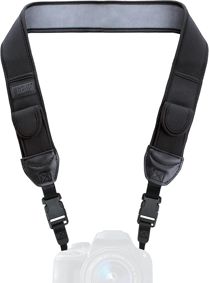 USA Gear TrueSHOT Camera Strap Neoprene Camera Straps - Padded Neck Strap, Pockets, and Quick Release Buckles - Compatible with Canon, Nikon, Sony and More DSLR and Mirrorless Cameras (Black)