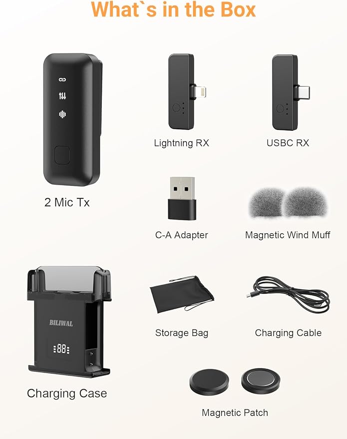 Wireless Lavalier Microphone for iPhone/Android/Laptop with Magnetic Wind Muff/Patch/Clip, Mini Mic with Noise Reduction, 35 H Battery Life via Charging Case, Lightning/USB-C/USB A Plug&Play