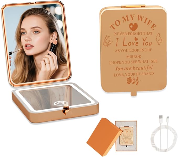 Compact Makeup Mirror with Lights, Rechargeable Dimmable 3 Color Lighting 3X Magnification LED Mirror for Pocket, Purse, Travel Portable Folding Hand, Gifts for Wife I Love You Wife Rose Gold (Wife)