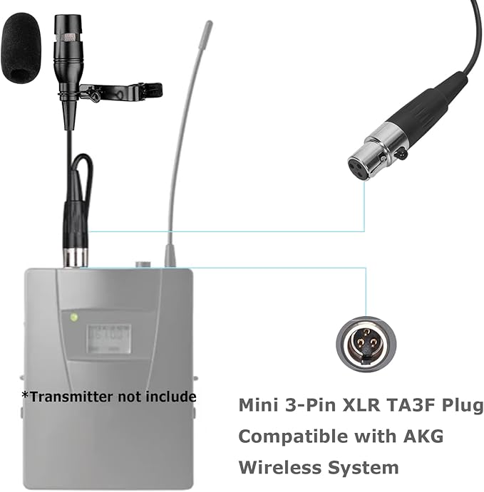 Black Lapel Lavalier Microphone Unidirectional Condenser Super Cardioid Mic Compatible with AKG Wireless Bodypack Transmitter System with Mini XLR 3 Pin TA3F Plug