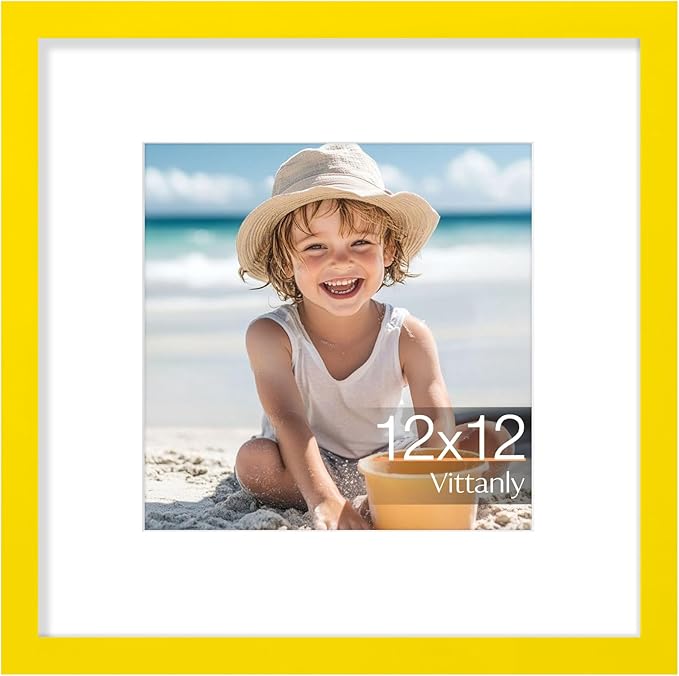 Vittanly 12x12 Picture Frame, Made of Solid Wood and Shatterproof Plexiglass, Display Pictures 8x8 with Mat or 12x12 without Mat, Wooden Photo Frame for Wall Mounting, Yellow, 1 Pack