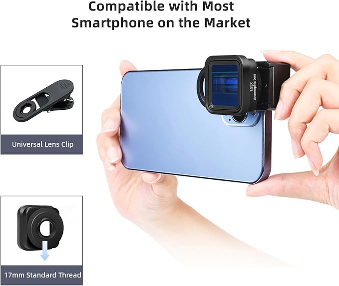 Andoer Anamorphotic Film Lens for Mobile Phones 1.55X Deformation Film Lens Phone Film Lens with Universal Lens Clips Carrying Case Replacement for iPhone 15/14/13/12/11