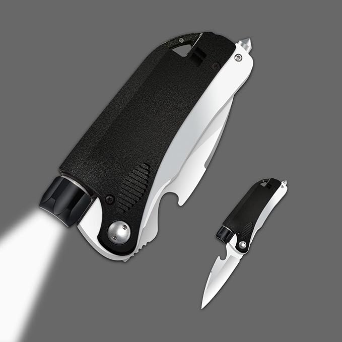Led Mini Flashlight 6-in-1 Utility Folding Pocket Knife with Bottle Opener Glass Breaker Buckle Whistling Multi-Function Emergency Tool for Hiking Survival Camping Hunting