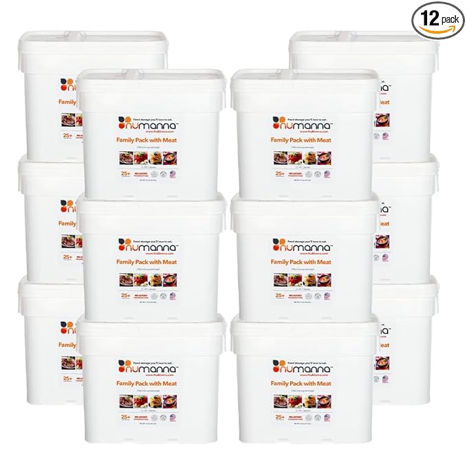 Numanna Family Pack with Meat Bucket 1,752 Servings | 12-Months Emergency Meals | Easy to Prepare for Everyday Use, Prepping & Camping | 25+ Year Shelf Life | Made in USA | Food-Grade Bucket