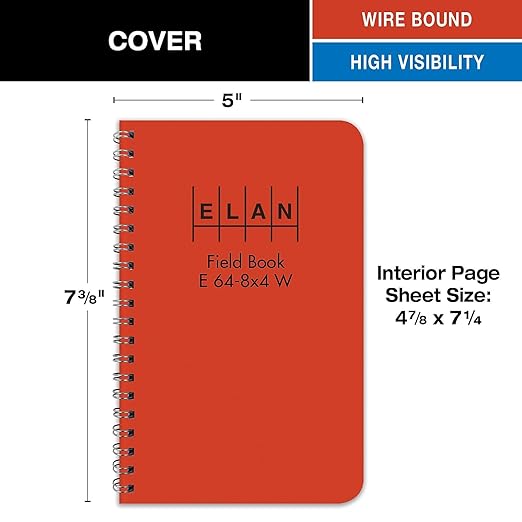 Elan Publishing Company E64-8x4W Wire-O Field Surveying Book 4 ⅞ x 7 ¼ Bright Orange Stiff Cover (Pack of 6)
