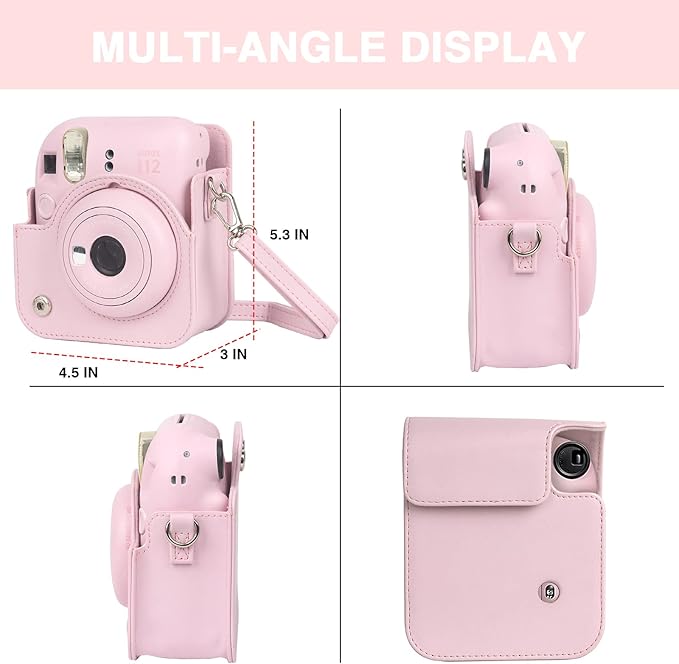 CAIYOULE Camera Case for Fujifilm Instax Mini 12 Instant Film Camera, Retro PU Leather Protective Camera Crossbody Bag for Fuji Mini 12 with 64 Photo Album, Adjustable Shoulder Strap, Blossom Pink