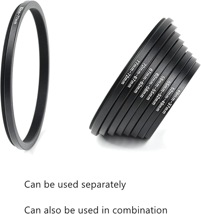 Filter Ring Adapter Set 18 Pieces, Camera Lens Filter Stepping Rings Kit, Lightweight and Durable Aluminum, 9 Pcs Step Up Rings Set and 9 Pcs Step Down Rings Set, Black