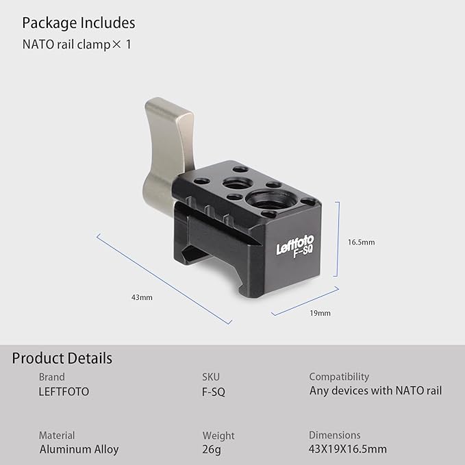 Leftfoto Mini Standard NATO Rail Clamp Adapter for DJI RS2 / RS-C2 / RS3 / RS3 Pro / RS3 mini,with 3/8" & 1/4" ARRI Locating Pins,Camera Cage Monitor Support Magic Arm Quick Release Lock Clamp Mount