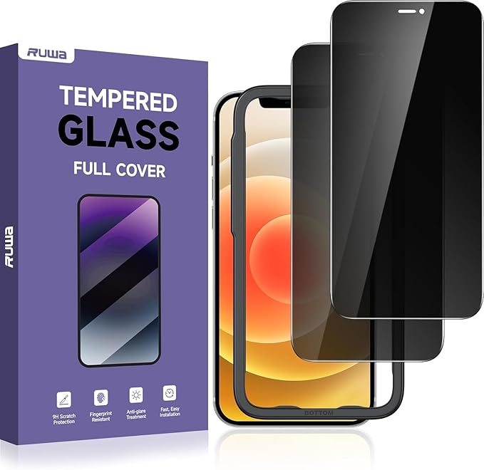 ruwa Privacy Screen Protector for iPhone 12 Pro Max [6.7 Inch][2-Pack] Anti-peep Tempered Glass Film with Easy Installation Alignment Frame, 9H Hardness, Scratch Resistant, Case Friendly