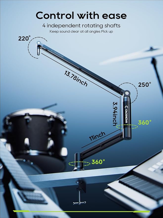 M05 Boom Arm, 360° Rotatable Microphone Stand with Desk Mount, Foldable Desk Mic Arm with 3/8'' to 5/8'' Screw Adapter, Microphone Arm for Live Streaming, Gaming, Podcasting, Radio