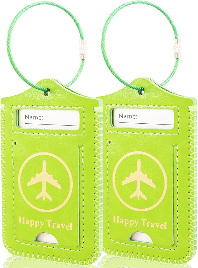 ACdream Luggage Tags 2 Pack, Leather Suitcase Tags Identifiers, Cute Cruise ID Labels with Privacy Cover fits on Backpack, Travel Bag, for Women, Men, Adults, Kids, Green