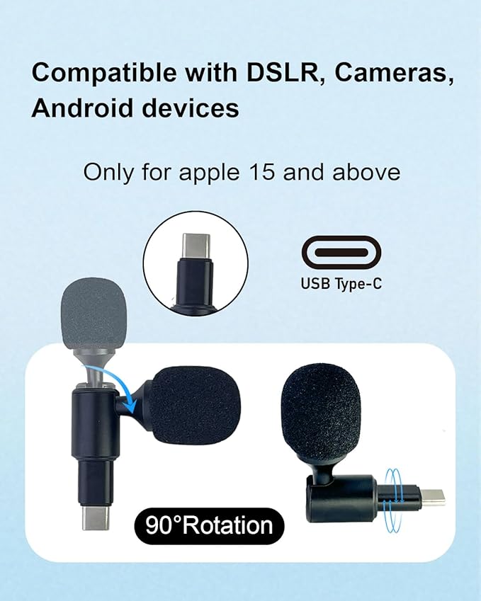 Mini USB C Condenser Microphone 90 Degree, Plug Play Mic with Type-C, Omnidirectional Condenser for DSLR Cameras Smartphones Tablets & Computers and for iPhone 17 16 15, Black