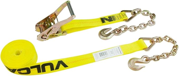 VULCAN Ratchet Strap with Chain Anchors - Classic Yellow - 2 Inch x 27 Foot - 3,600 Pound Safe Working Load