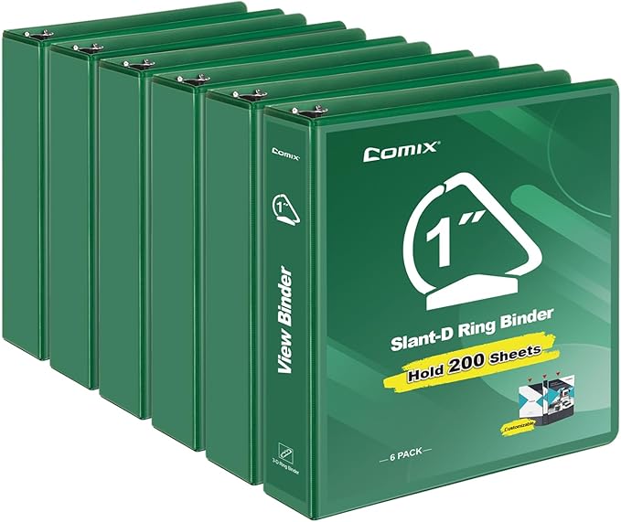 COMIX Sturdy 1 Inch Binders 3 Ring with Clear View Cover, 1" Slant-D Ring View Binder Holds 225 Sheets of US Letter Size Paper, 6 Pack (Green)