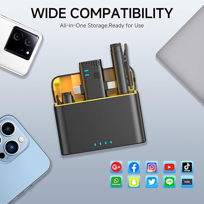 2 in 1 Professional Wireless Lavalier Microphone for Android, iPhone iPad with Charging Case Noise Cancellation Plug-Play Clip on Lapel Mic for YouTube, Recording, Vlog, Facebook Live Streaming