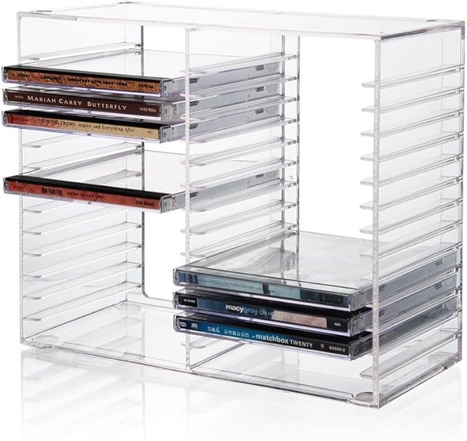 STORi Stackable Clear Plastic CD Organizer with Rubber Feet | Rectangular Jewel Cases Holder Perfect for Theatre Room | Holds up to 30 CD Cases | Made in USA