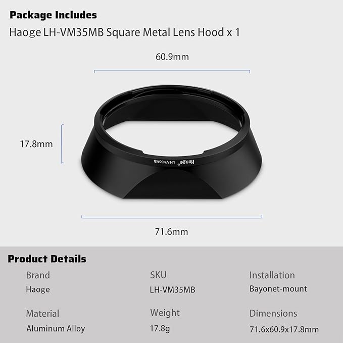 Haoge Bayonet Metal Square Lens Hood for Voigtlander Nokton Aspherical ASPH 40mm f/1.2 VM,35mm f1.2 VM, 50mm f1.2 VM Leica M-Mount Lens Replaces LH-8 Shade Black LH-VM35MB