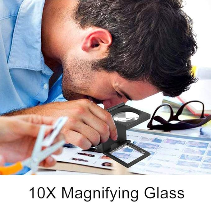 Three- Folding Magnifier with Scale 10X Magnifiation Optical Lens 28mm Three Packs Mini Pocket Magnifying Glass for Textile Jewelry Tool DIY Crafts