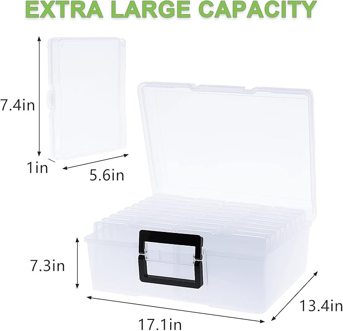 IDekooror Photo Storage Box 5" x 7", 18 Inner Extra Large Photo Organizer Container, Plastic Craft Storage Box with Handle for Pictures Stickers Stamps Seeds