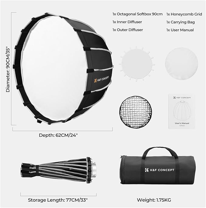 K&F CONCEPT 35“/90cm Softbox Parabolic Hexadecagon Compatible with Bowens Mount, with Honeycomb Grid, Light Diffusers, Carrying Bag, for Photography Studio Speedlite Flash and Monolight
