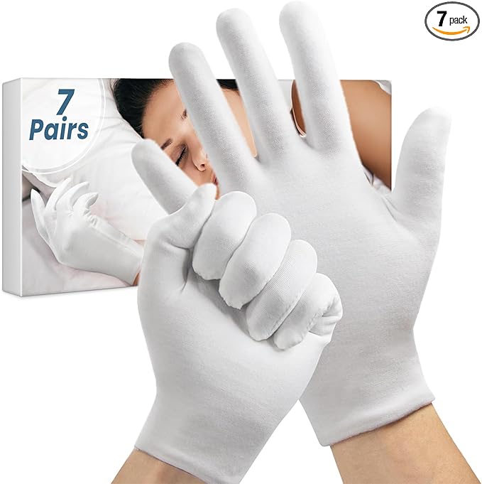 7 Pairs White Cotton Gloves, Breathable Cotton Gloves for Dry Hands Sleeping, Washable Eczema Moisturizing Glove Overnight for Women Men, Christmas Wedding Costume Work Glove for Serving Inspection