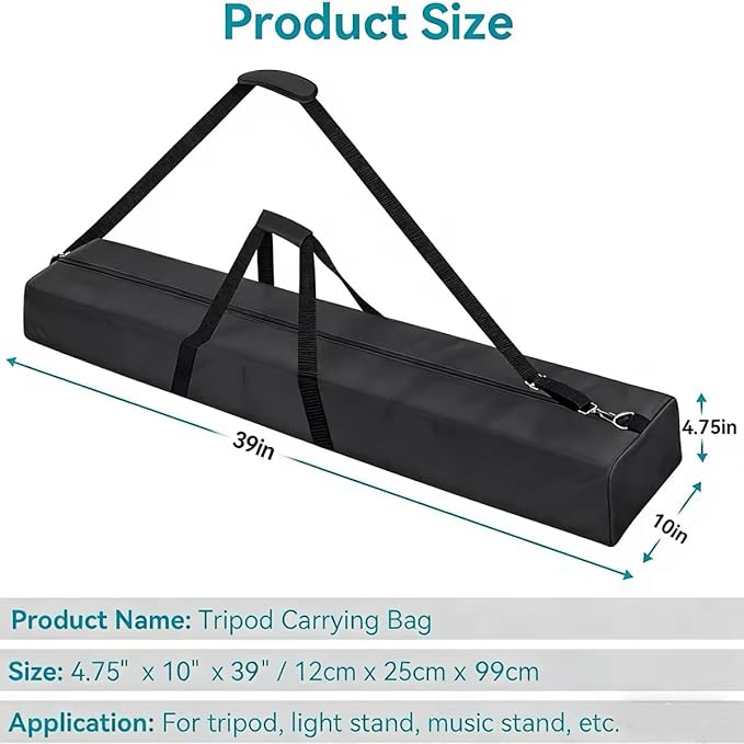 39" Long Tripod Carrying Bag for Speaker and Light Stands, Mic/Microphone Poles - with Adjustable Shoulder Strap, Heavy Duty Handle and Double Zipper
