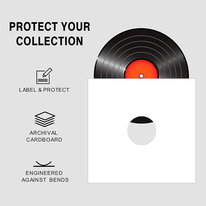 20PCS 12 Inch Vinyl Record Jackets, Thick White Cardboard Sleeves with Center Hole, Blank LP Album Covers for 33 RPM Storage & Organization, 350gsm LP Jackets for Record Storage