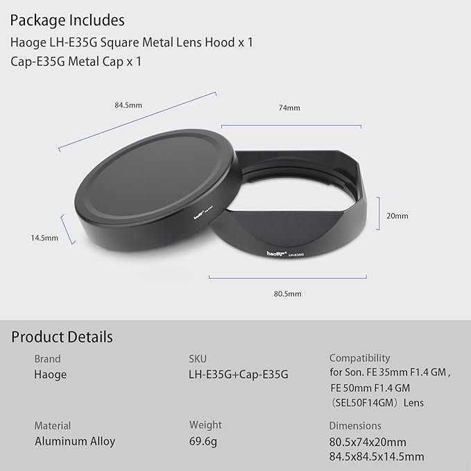 Haoge Lens Hood Metal Square Bayonet for Sony FE 35mm F1.4 GM, FE 50mm F1.4 GM,with Metal Front Cap, Replaces Sony FE35mm F1.4 GM Hood ALC-SH164