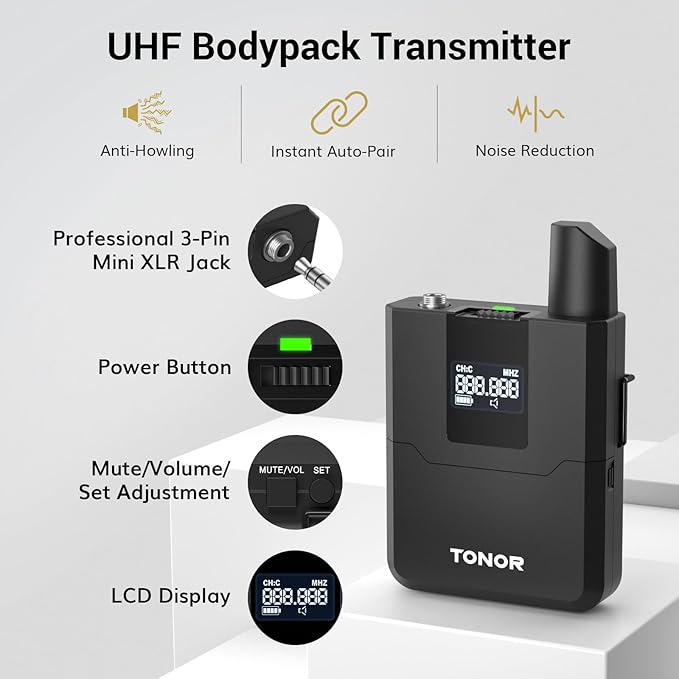 TONOR Wireless Microphones System with UHF Headset/Lavalier Lapel Mics, Bodypack Transmitter, Receiver, 4 * 10 Channels, 60 m/200ft Range for Church Conference Performance Singing Karaoke PA Speaker