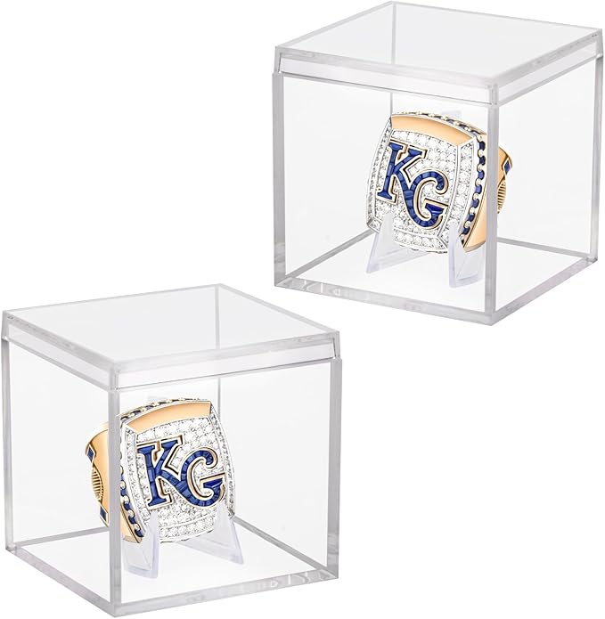 2 Pack Championship Ring Display Case Clear Acrylic Ring Case Display Box for Sports Baseball Softball Football Basketball Single Ring Coin Holder Stand, 2.16 Inch