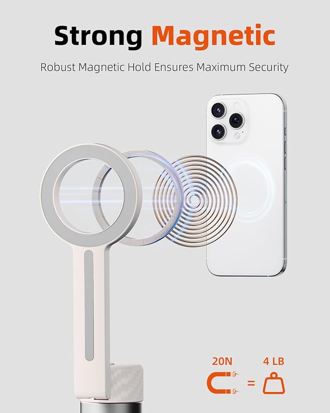 TODI 65" Magnetic Tripod for iPhone with Remote, Selfie Stick for iPhone Magsafe, Cell Phone Tripod Stand for Recording, Travel Tripod Compatible with 16/15/14/13/12 Series (White Sliver)