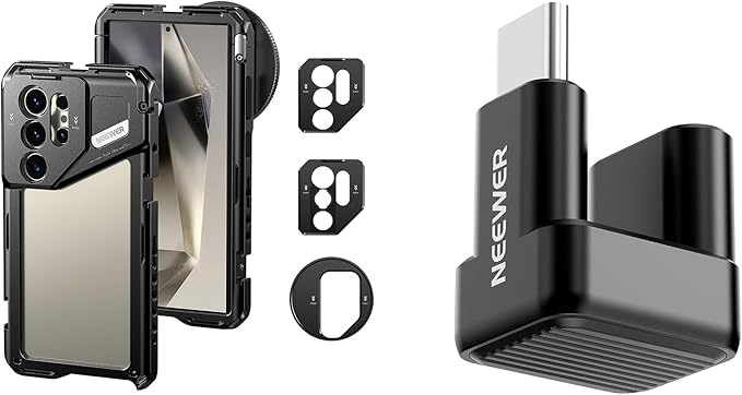 NEEWER S24 Ultra Phone Cage + PS017 180 Degree U Shaped USB C OTG Adapter, Smartphone Video Rig Stabilizer with 67mm Filter Adapter, 17mm Lens Backplate, T Mount Lens Adapter, Compatible with Samsung